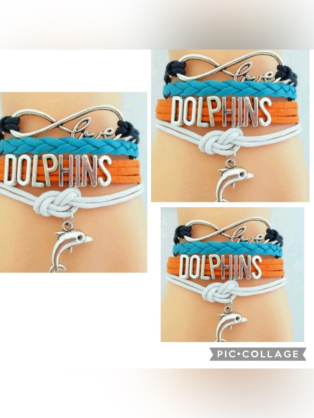 3- New Dolphins Infinity Charm Bracelet Orange & White